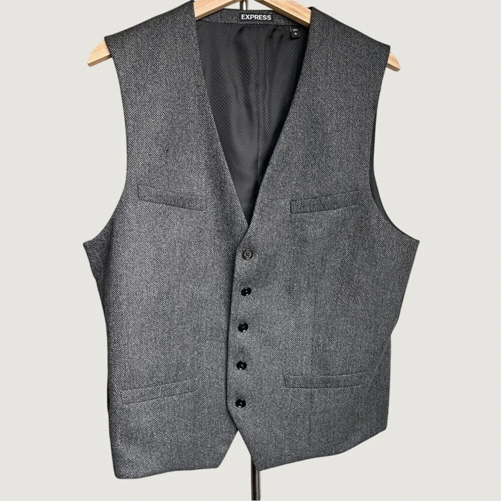 Express Mens Gray Herringbone Wool Blend Suit Vest Waistcoat Size Large Gray